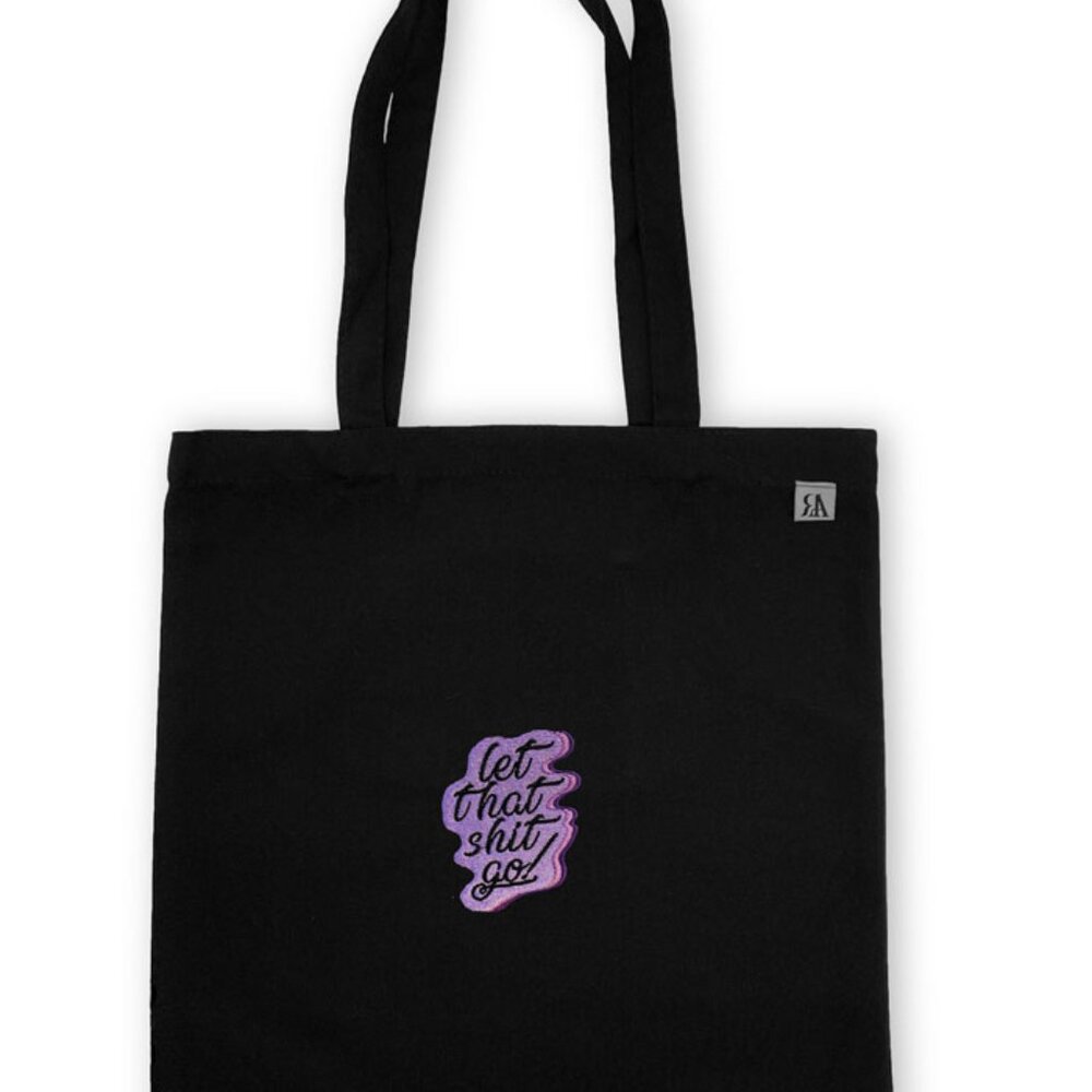 Let That Shit Go Purple Embroidered Tote Bag - Black